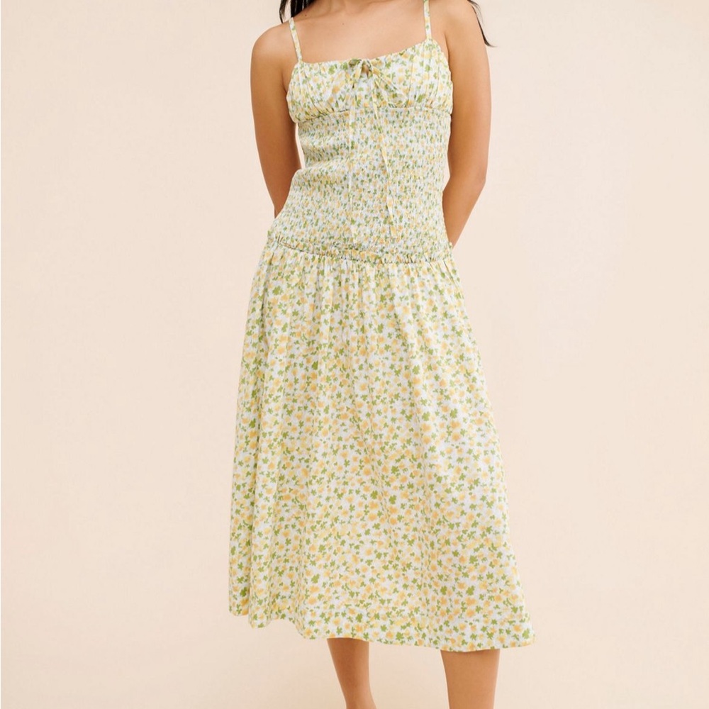 Free People Floral Midi Dress in Green and Cream